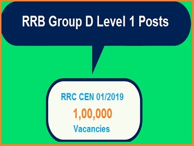 RRB Secunderabad Group D Level 1 Posts RRC CEN 01/2019 1,00,000 Vacancies