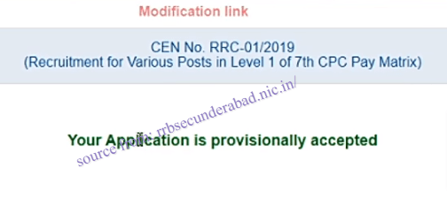 RRC Secunderabad Group D Modification Link of CEN. 01/2019, Application Status